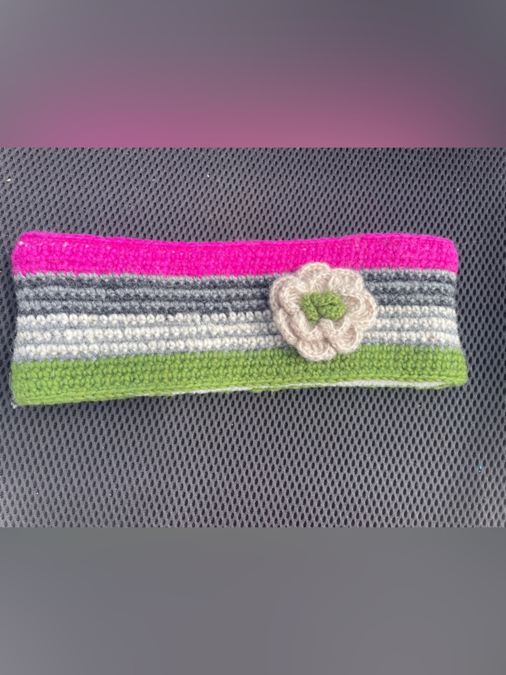 Striped Crochet Headband with Flower Accent - Pink, Green, Gray